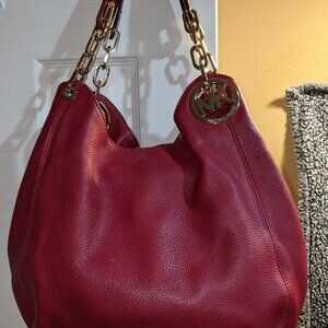 MICHAEL KORS FULTON SHOULDER HANDBAG DARK RED LEATHER GOLD HARDWARE